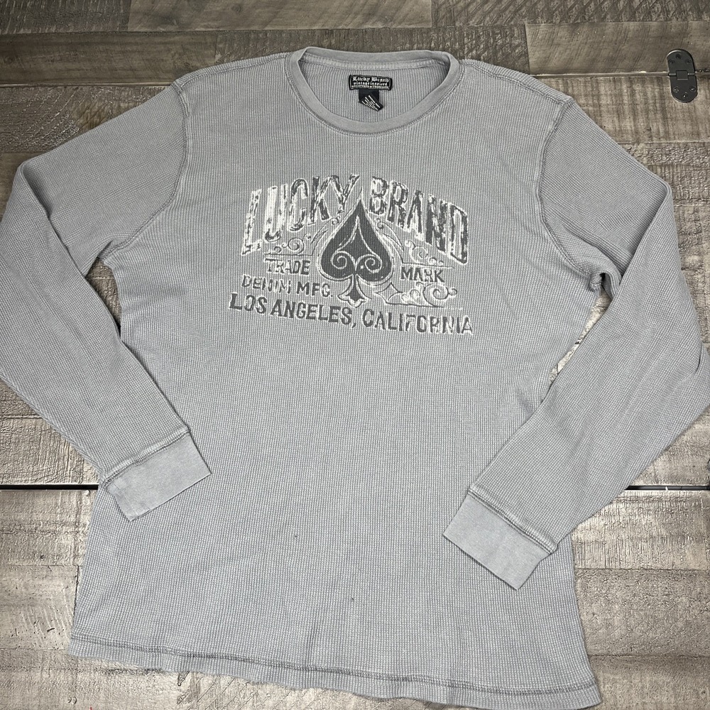 Lucky Brand Thermal Graphic Shirt Sz XXL 2XL Mens Gray Waffle Knit READ Y2K‎